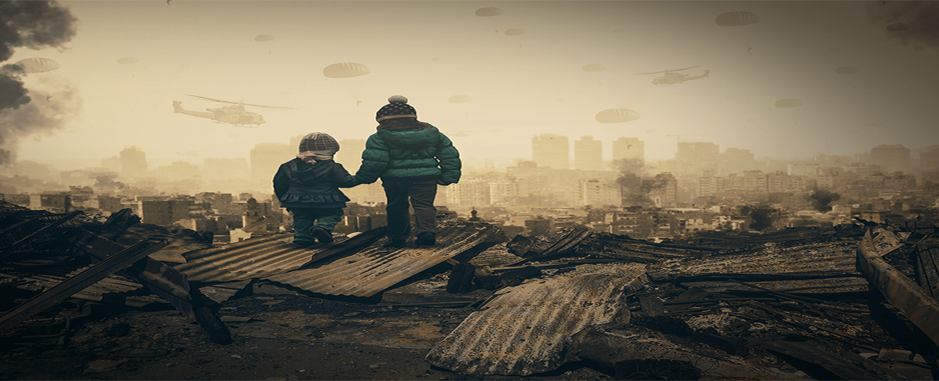 image of two children on a stark war-torn background